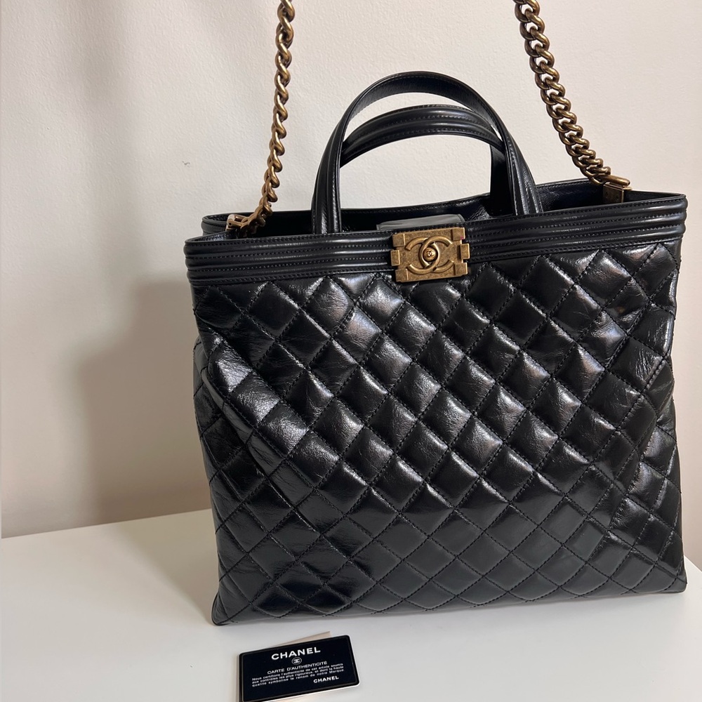 CHANEL Black Quilted Leather Laptop Tote with Gold Chain Strap